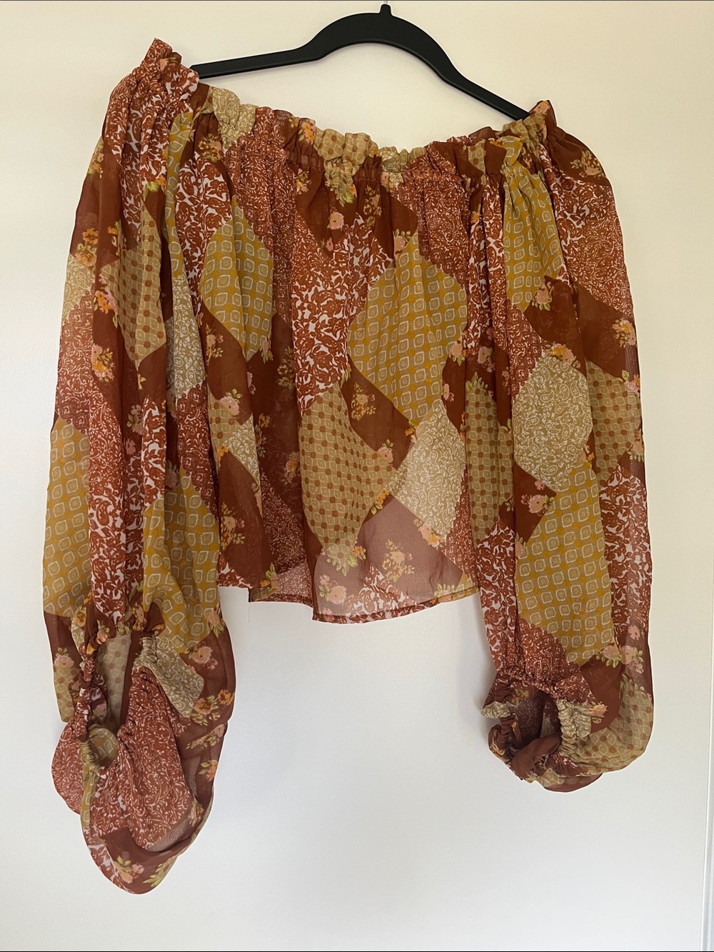 Live 4 Truth Patchwork Off-Shoulder Blouse in Brown and Gold